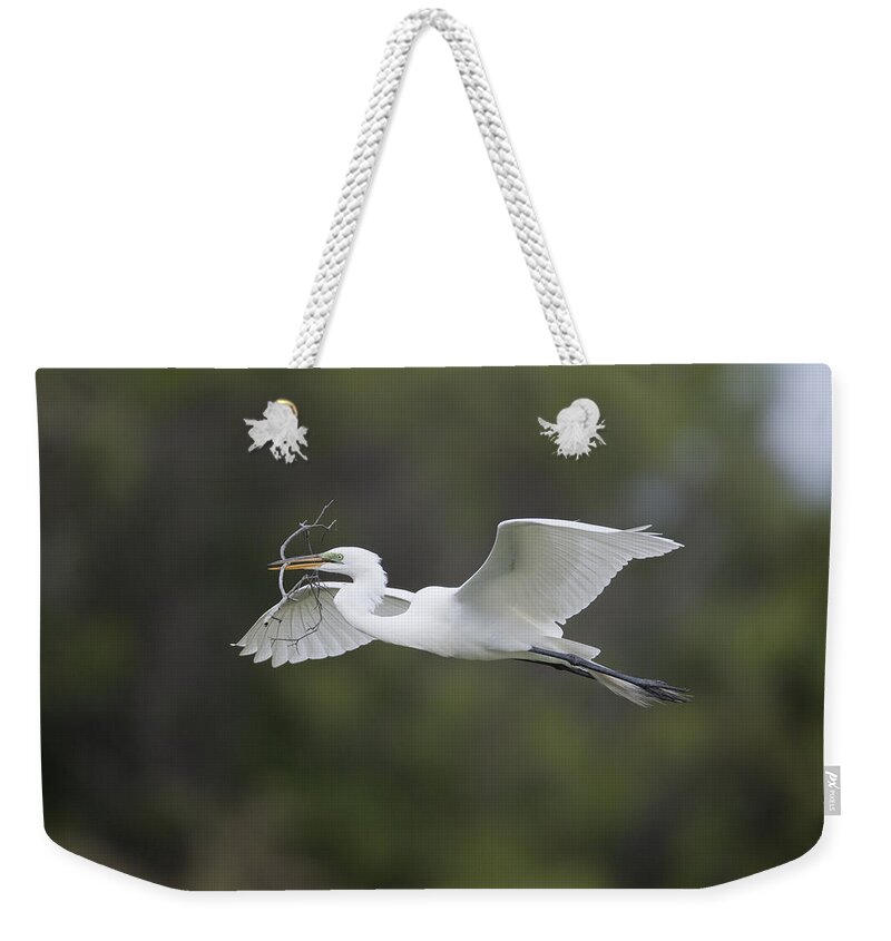 Feb0514 Weekender Tote Bag featuring the photograph Great Egret Carrying Nesting Material by Tom Vezo