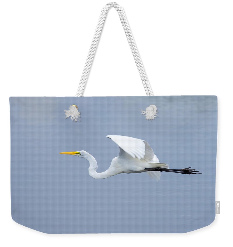 Adult Weekender Tote Bag featuring the photograph Great Egret in Flight by John M Bailey