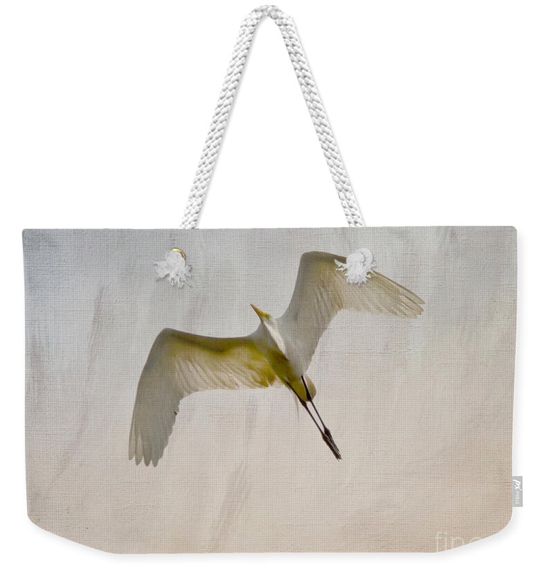 Egret Weekender Tote Bag featuring the photograph Great Egret Sky Ballet by Kerri Farley