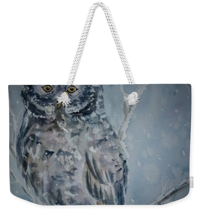 Owl Weekender Tote Bag featuring the painting Great Gray Owl Dark of Night by Ellen Levinson