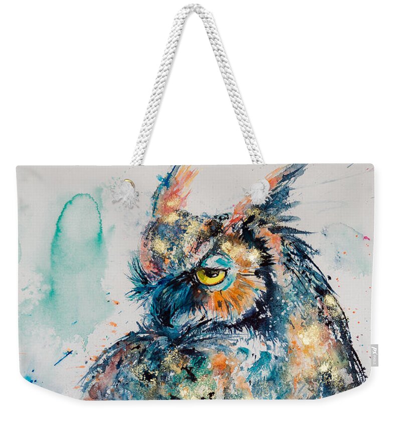 Great Horned Owl Weekender Tote Bag featuring the painting Great horned owl in gold by Kovacs Anna Brigitta