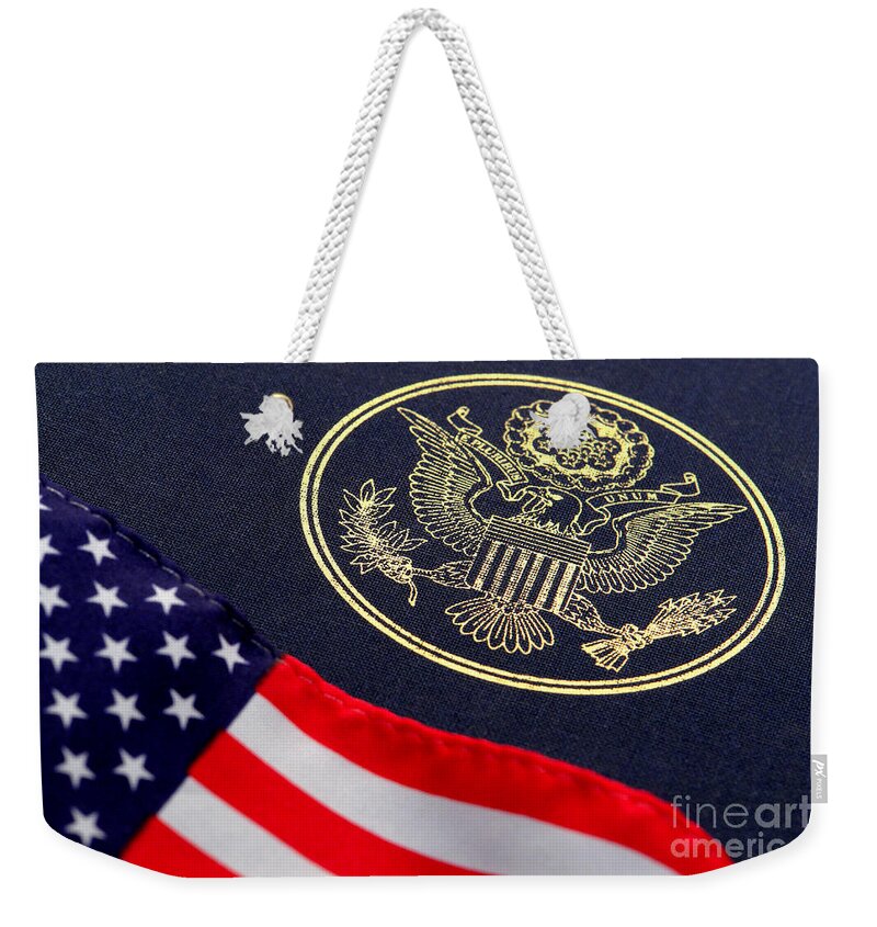 Flag Weekender Tote Bag featuring the photograph Great Seal of the United States and American Flag by Olivier Le Queinec