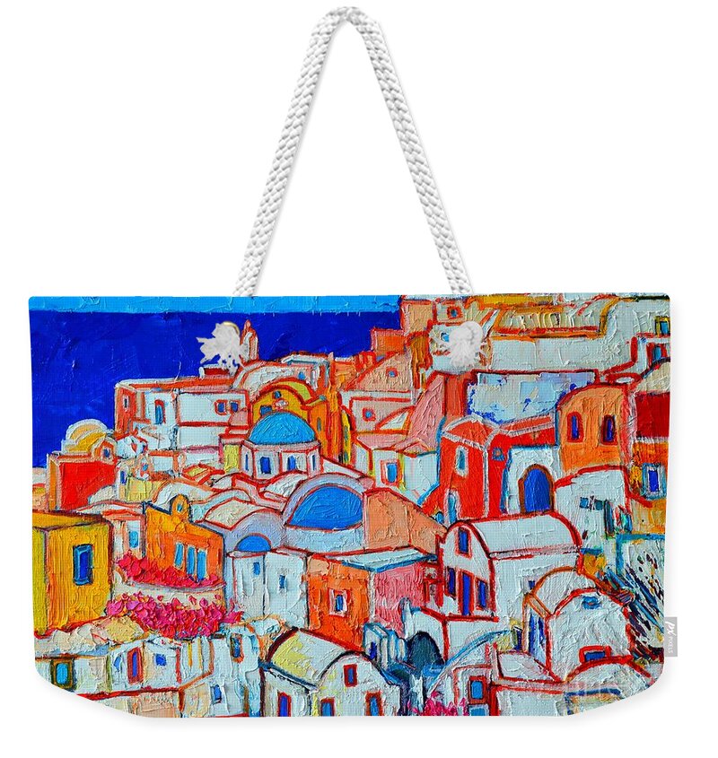 Santorini Weekender Tote Bag featuring the painting Greece - Santorini Island - Oia Colorful Geometric by Ana Maria Edulescu