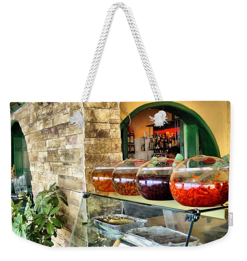 Olives Weekender Tote Bag featuring the photograph Greek Isle Restaurant Still Life by Mitchell R Grosky