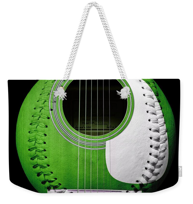 Baseball Weekender Tote Bag featuring the digital art Green Guitar Baseball White Laces Square by Andee Design