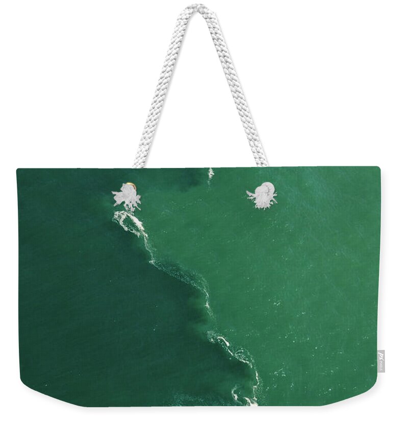 Tranquility Weekender Tote Bag featuring the photograph Green Tones And Waves In Ocean Aerial by Sami Sarkis