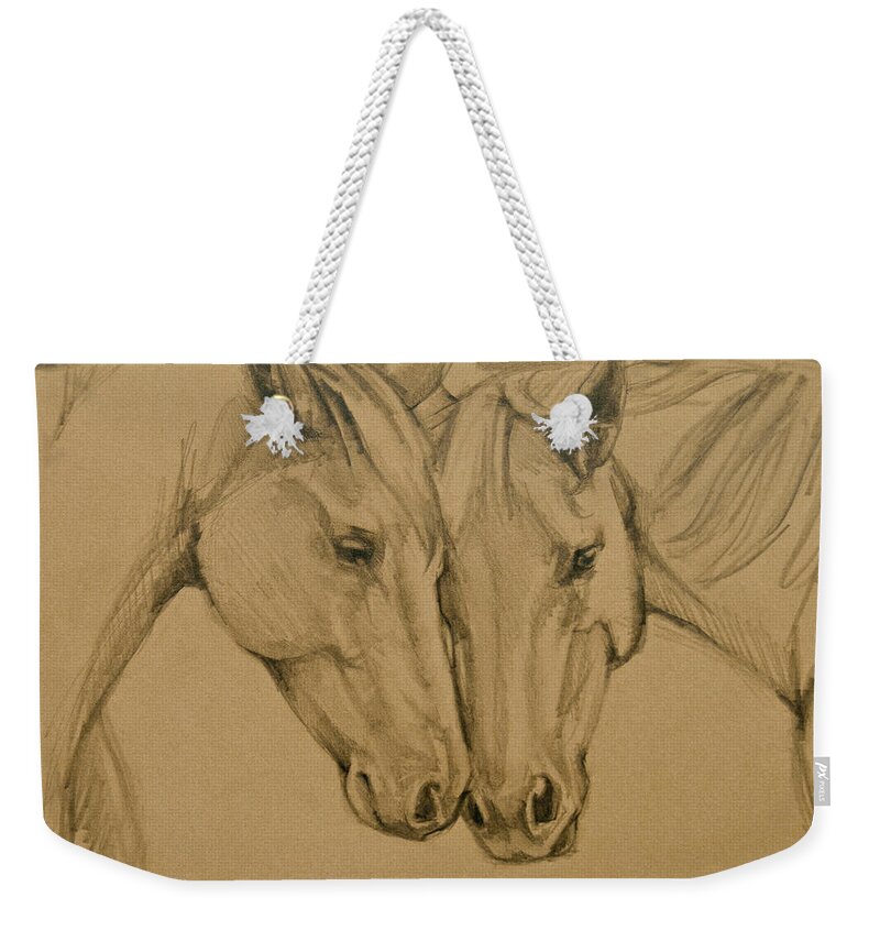 Horses Weekender Tote Bag featuring the drawing Greetings Friend by Jani Freimann