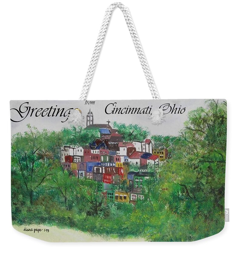 Mt. Adams Weekender Tote Bag featuring the painting Greetings from Cincinnati Ohio by Diane Pape