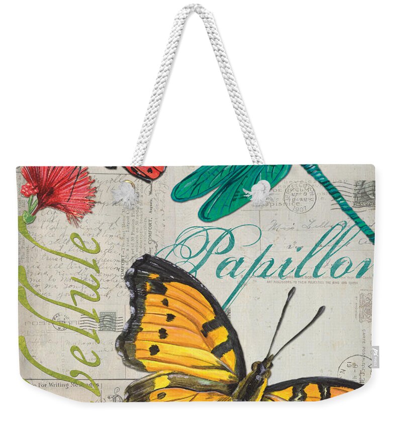Butterfly Weekender Tote Bag featuring the painting Grey Postcard Butterflies 3 by Debbie DeWitt