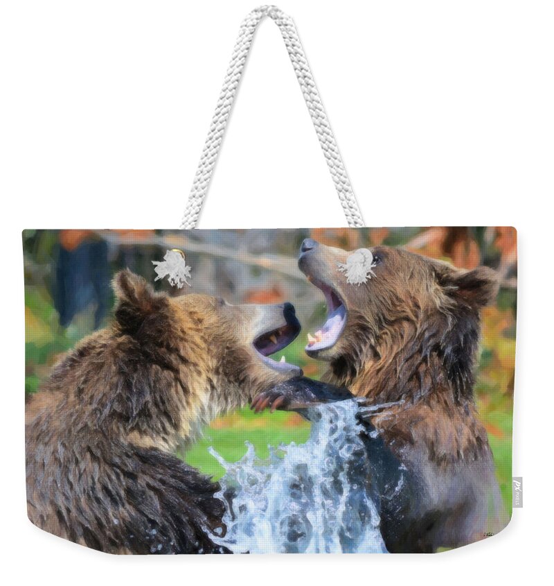 Grizzly Weekender Tote Bag featuring the painting Grizzly Play 2109 by Dean Wittle