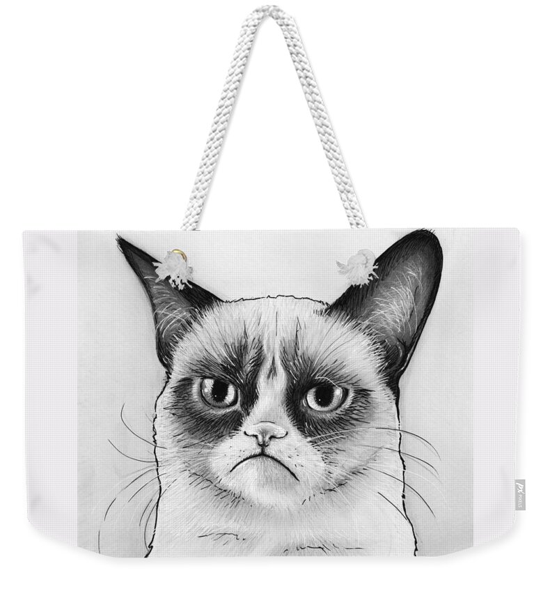 Grumpy Cat Weekender Tote Bag featuring the drawing Grumpy Cat Portrait by Olga Shvartsur