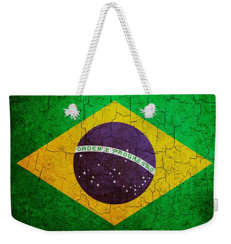Aged Weekender Tote Bag featuring the digital art Grunge Brazil flag by Steve Ball