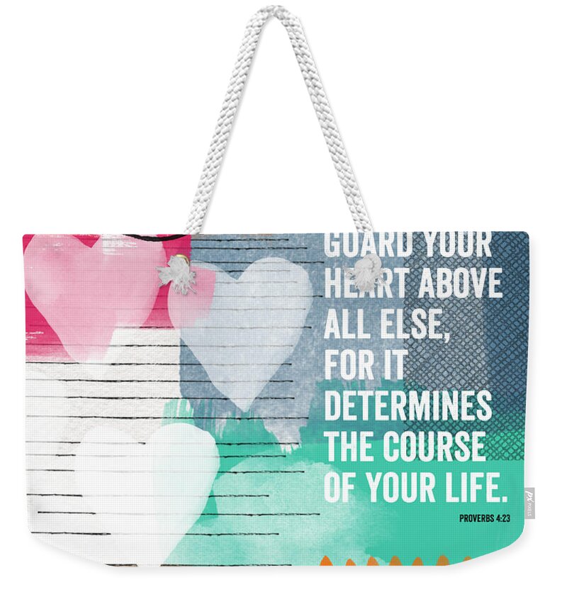 Proverbs Weekender Tote Bag featuring the mixed media Guard Your Heart- contemporary scripture art by Linda Woods