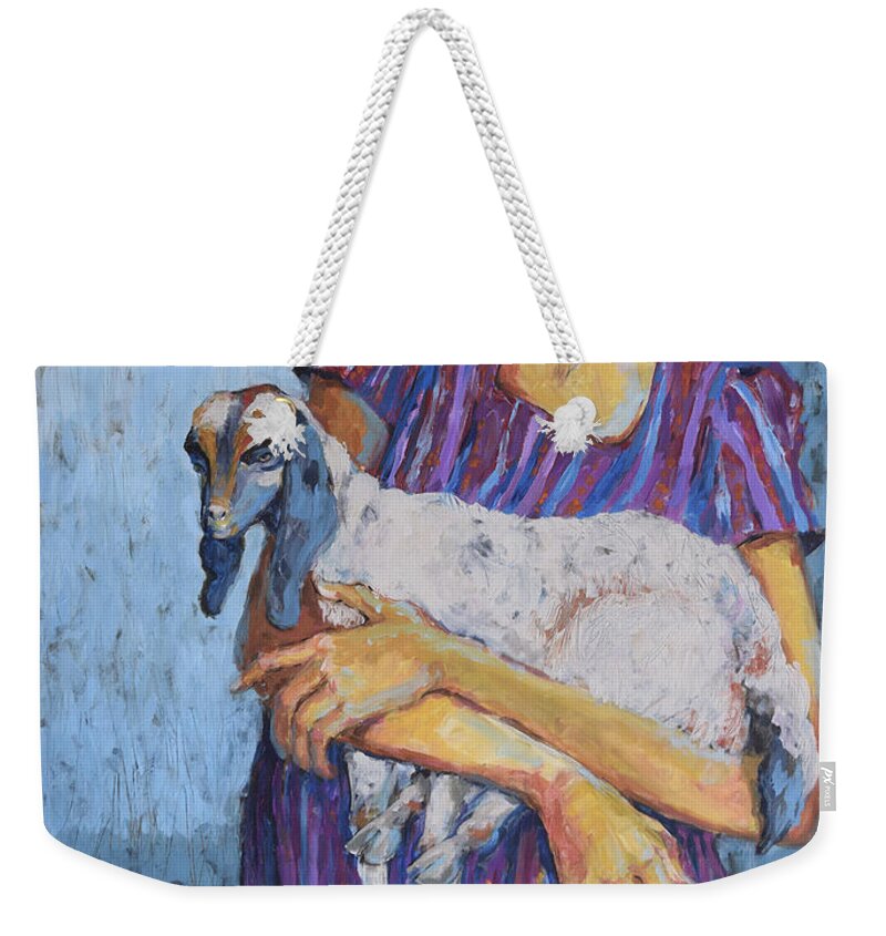 Ethnic Weekender Tote Bag featuring the painting Guarding Innocence by Jyotika Shroff
