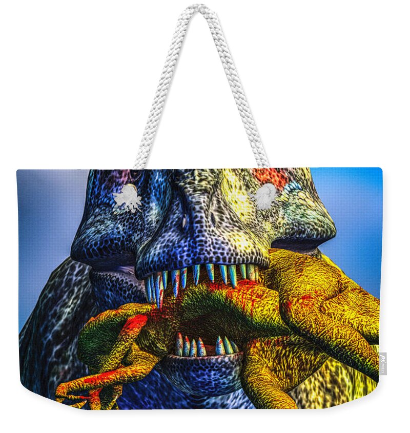 Tyrannosaurus Rex Weekender Tote Bag featuring the digital art Guilty Pleasure by Bob Orsillo
