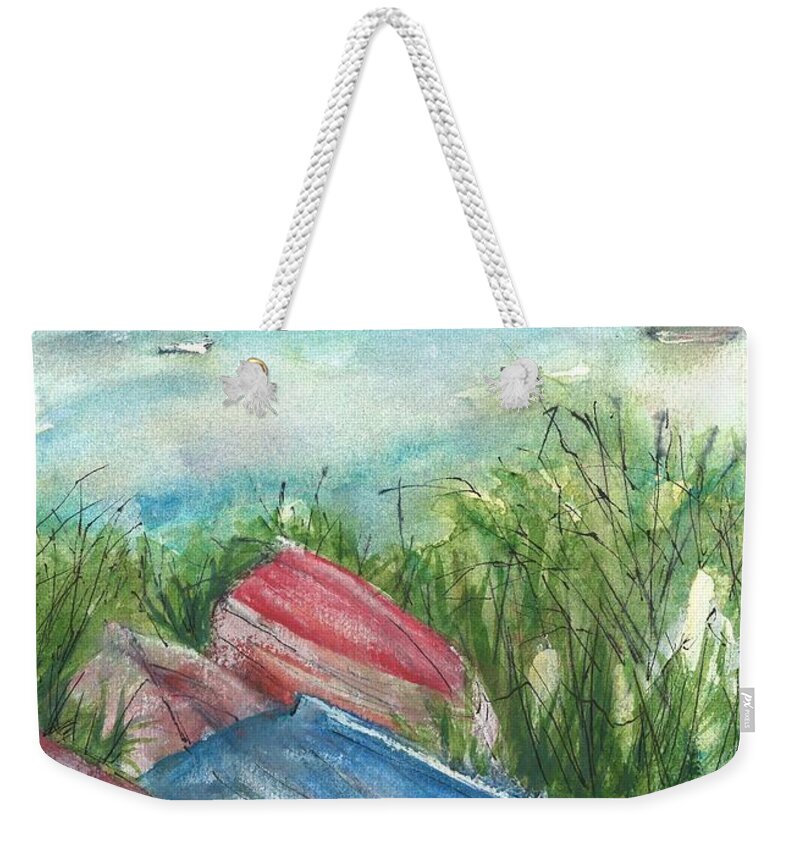 Boats Weekender Tote Bag featuring the painting Gull Lake Summer by Sherry Harradence