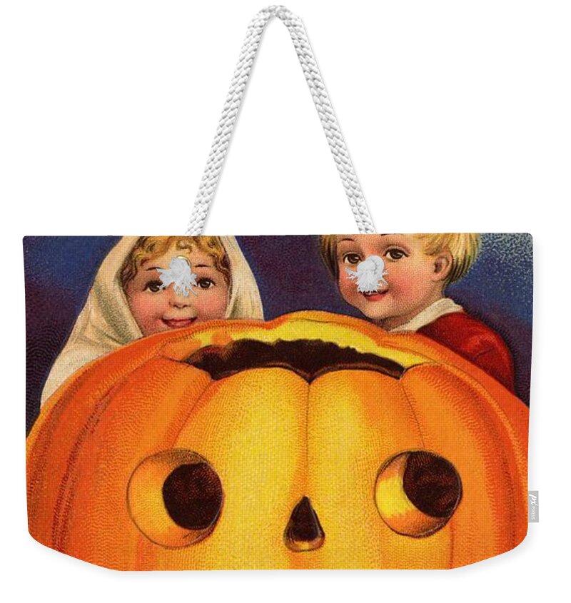 Jack-o-lantern; Boy; Girl; Children; Holiday; Pumpkin; Halloween; Child Weekender Tote Bag featuring the painting Halloween Greeting by Ellen Hattie Clapsaddle