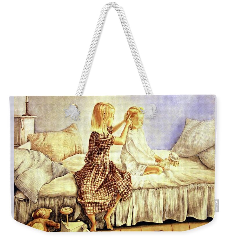 Animals Weekender Tote Bag featuring the painting Hands of Devotion - Childhood by Linda Simon