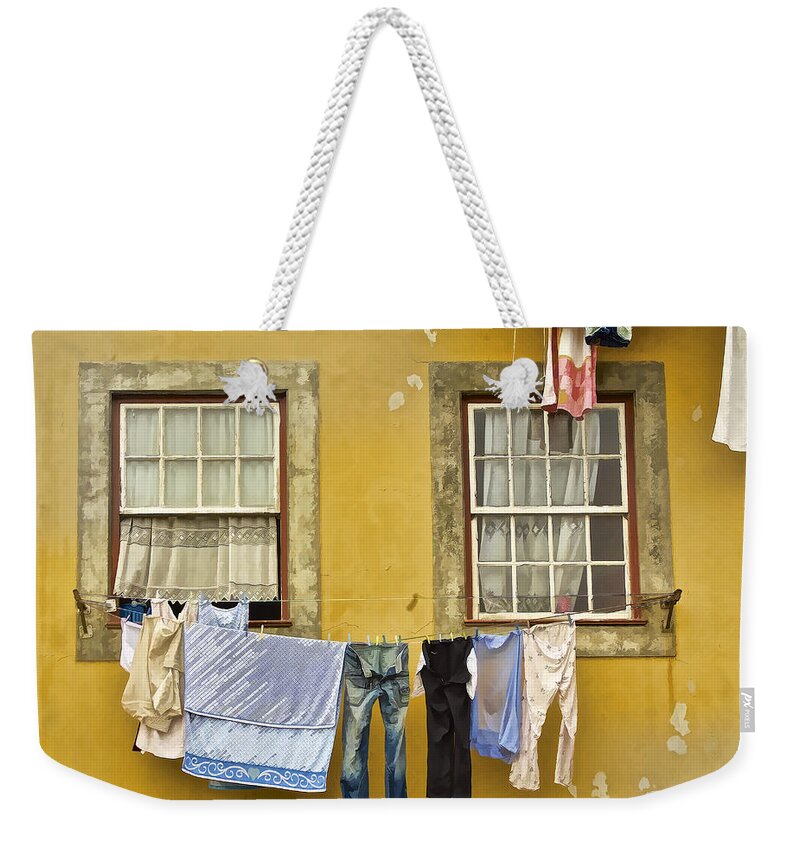 Portugal Weekender Tote Bag featuring the painting Hanging Clothes of Old Europe II by David Letts