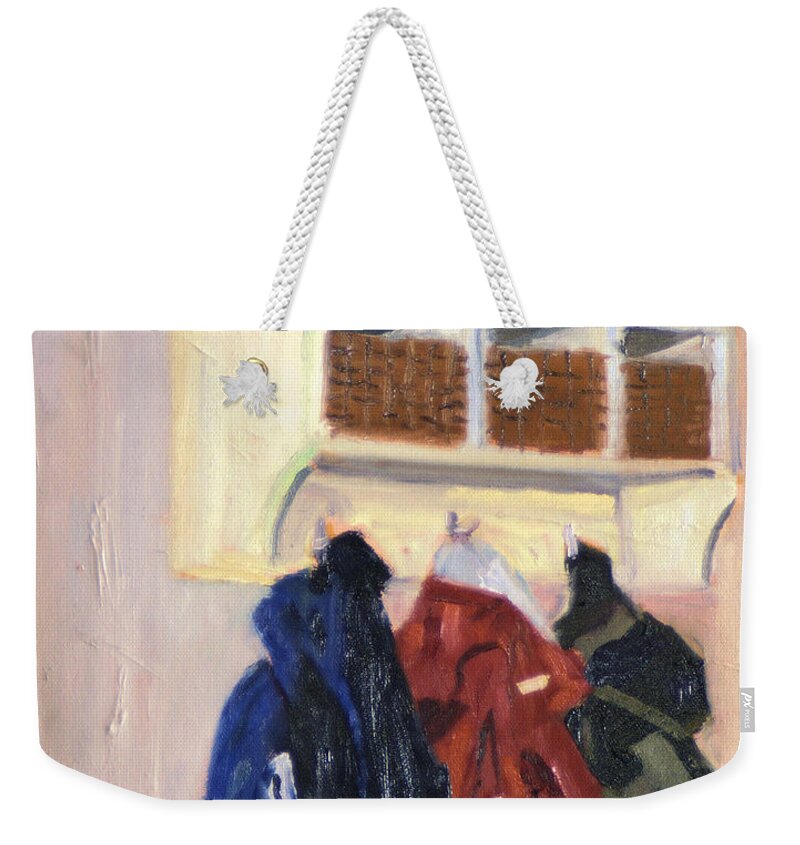 Still Life Winter Coat Feeling Weekender Tote Bag featuring the painting Hanging Out by Michael Daniels