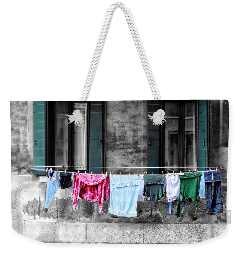Hanging Weekender Tote Bag featuring the photograph Hanging the Wash in Venice Italy by Bill Cannon