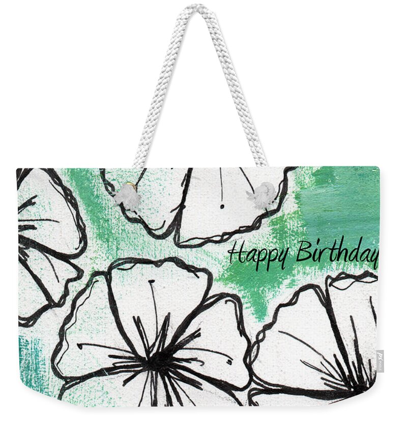 Petunias Weekender Tote Bag featuring the painting Happy Birthday- Floral Birthday Card by Linda Woods