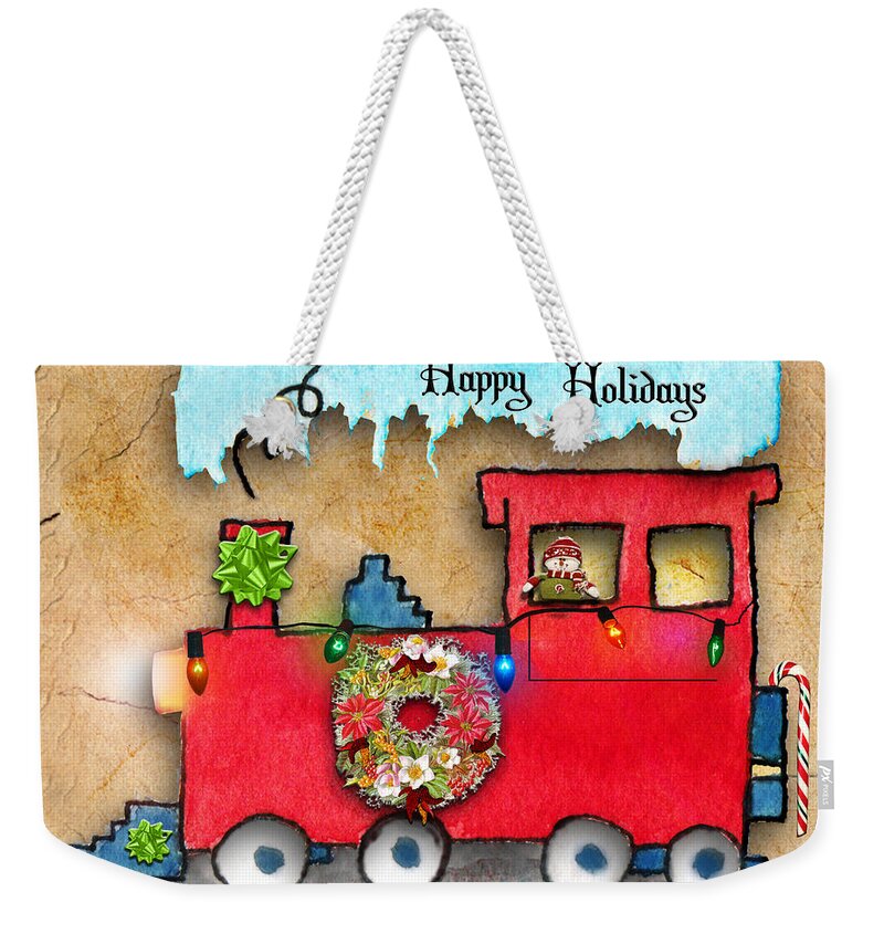 Holiday Weekender Tote Bag featuring the painting Happy Holidays Train by Paula Ayers