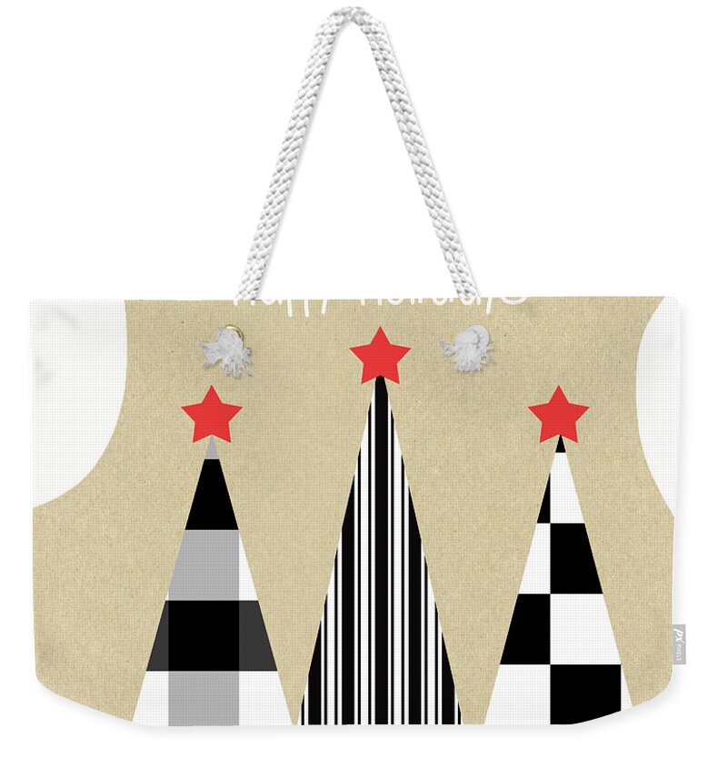Holidays Weekender Tote Bag featuring the mixed media Happy Holidays with Black and White Trees by Linda Woods