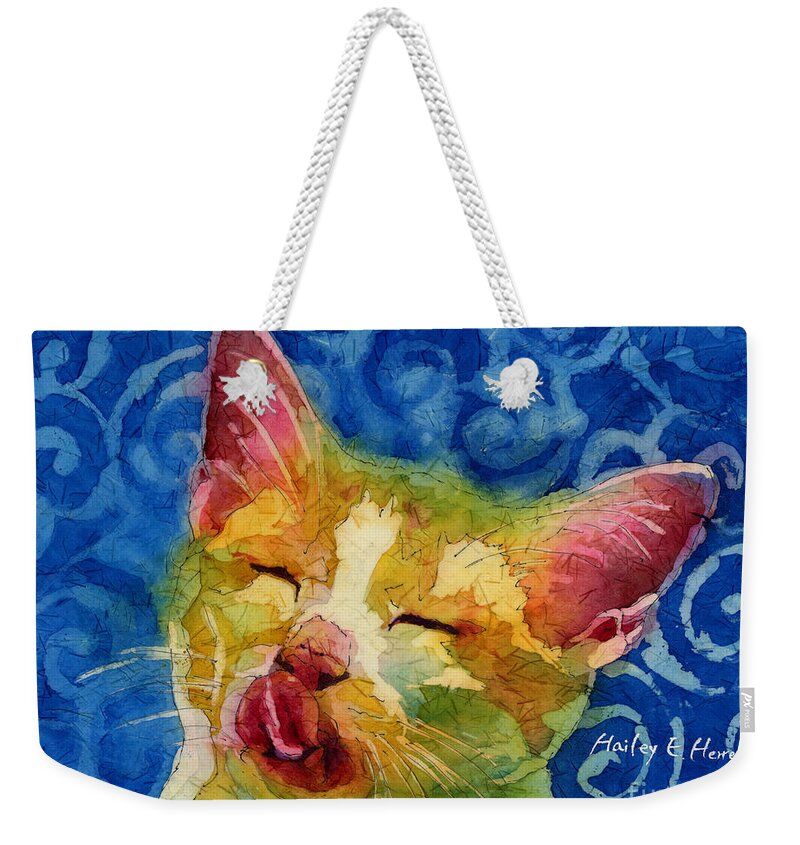 Cat Weekender Tote Bag featuring the painting Happy Sunbathing by Hailey E Herrera