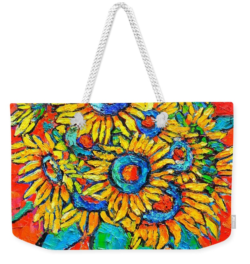 Sunflowers Weekender Tote Bag featuring the painting Happy Sunflowers by Ana Maria Edulescu