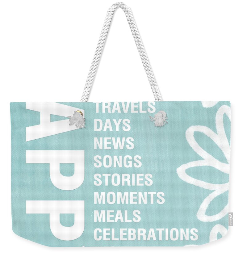 Typography Weekender Tote Bag featuring the painting Happy Things Blue by Linda Woods