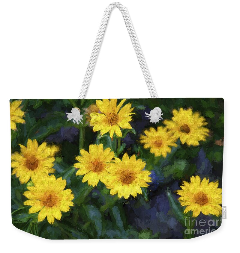 Andee Design Yellow Daisy Weekender Tote Bag featuring the photograph Happy Yellow Flowers Painterly by Andee Design