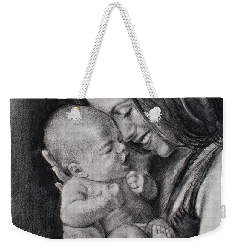 Happy Young Mother Weekender Tote Bag featuring the drawing Happy Young Mother by Ylli Haruni