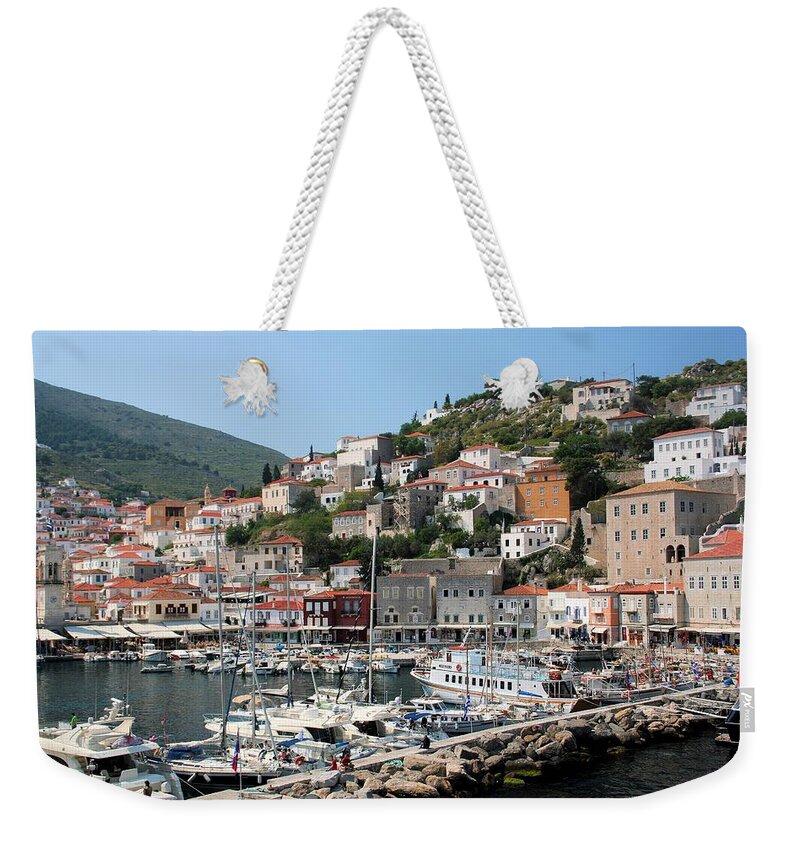 3086 Weekender Tote Bag featuring the photograph Harbor of Hydra by Gordon Elwell