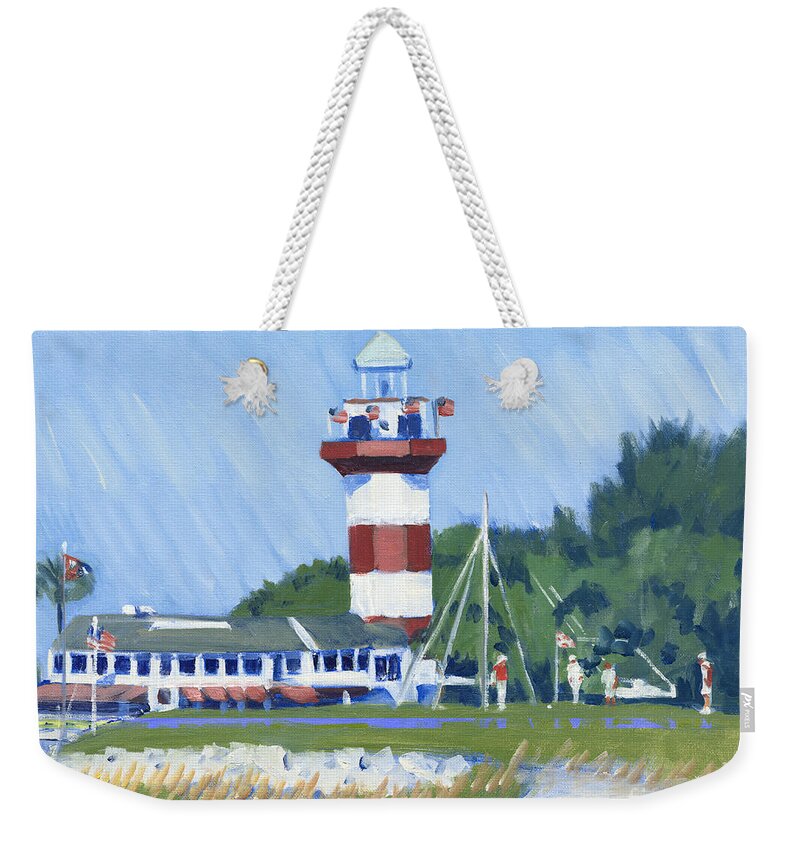 Best Known And Best Loved Landmark Weekender Tote Bag featuring the painting Putting in Harbour Town by Candace Lovely