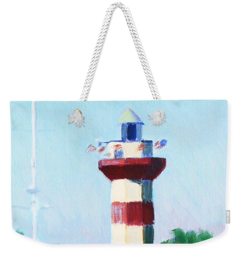 Harbour Town Lighthouse Weekender Tote Bag featuring the painting Harbour Town Lighthouse by Candace Lovely