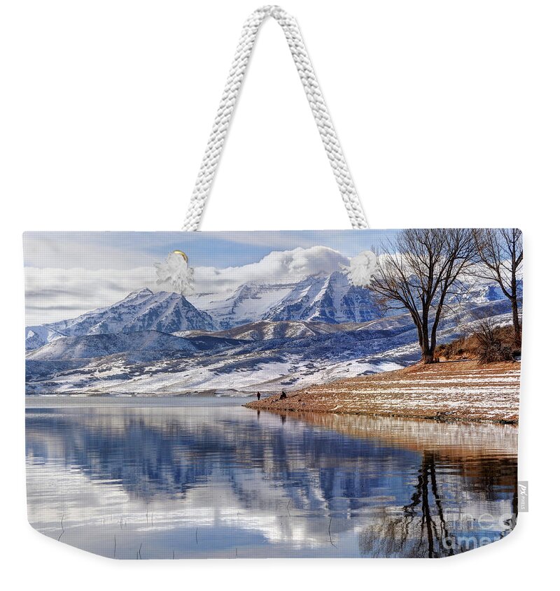Mount Timpanogos Weekender Tote Bag featuring the photograph Hardy Fishermen Deer Creek Reservoir and Timpanogos in Winter by Gary Whitton