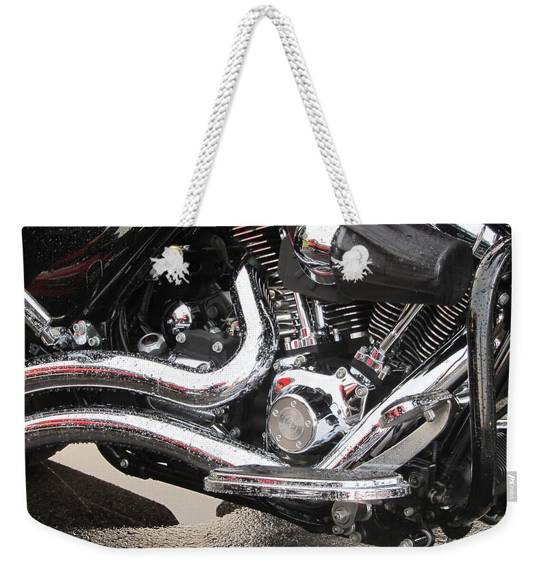Motorcycles Weekender Tote Bag featuring the photograph Harley Engine Close-up Rain 2 by Anita Burgermeister