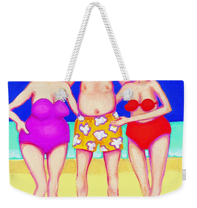 Funny Beach Weekender Tote Bag featuring the painting Funny Beach Women Man by Rebecca Korpita