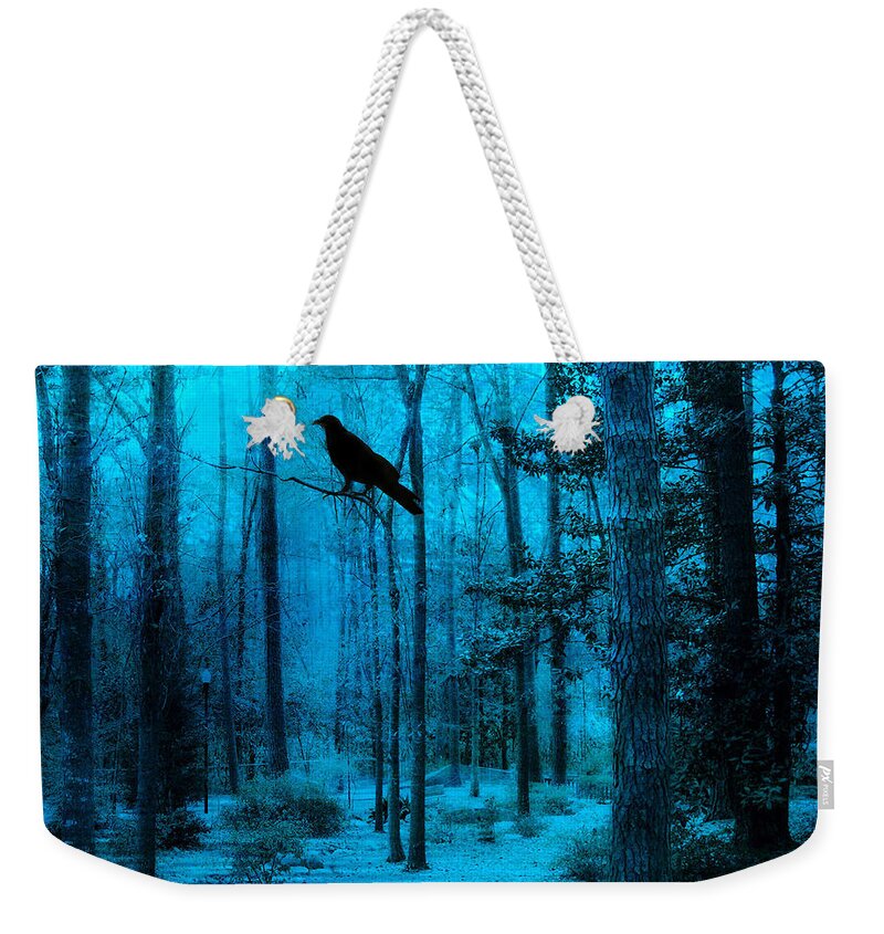 Crows Weekender Tote Bag featuring the digital art Gothic Surreal Haunting Dark Blue Surreal Woodlands Raven Crow by Kathy Fornal