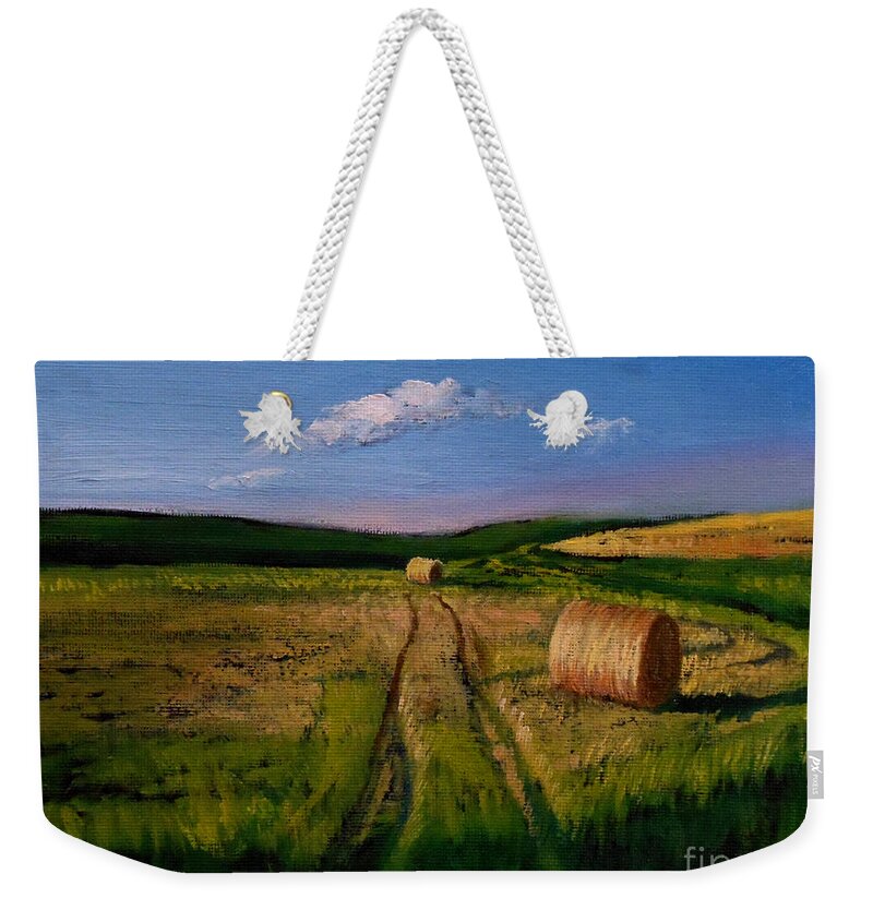 Farm Weekender Tote Bag featuring the painting Hay Rolls on the Field by Christopher Shellhammer