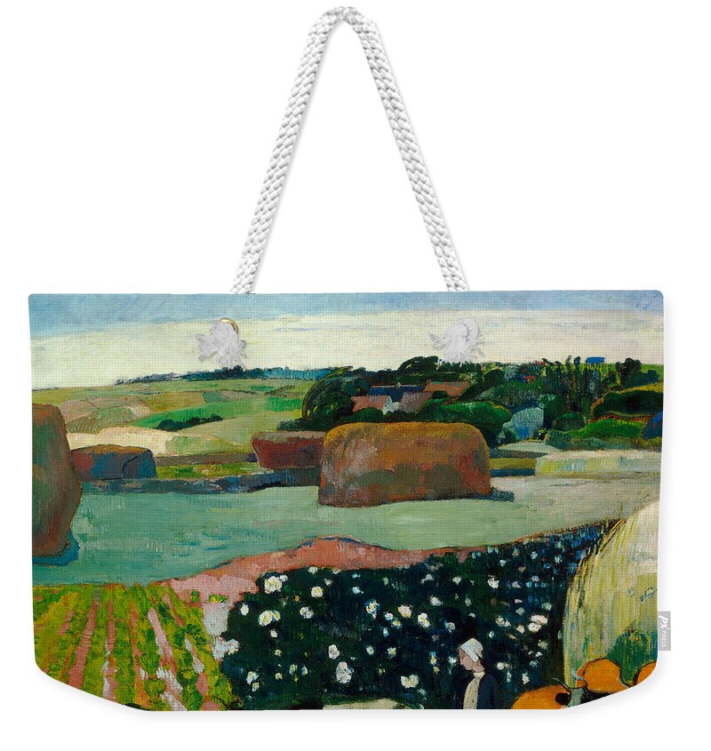 Post-impressionist; France; Hay; Agriculture; Field Weekender Tote Bag featuring the painting Haystacks in Brittany by Paul Gaugin
