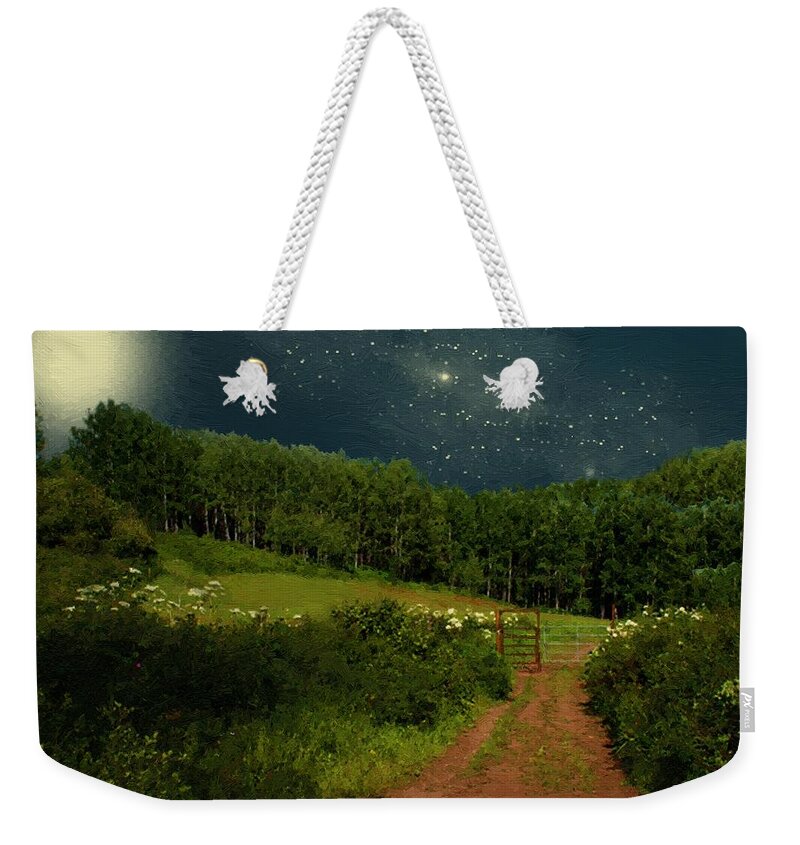 Landscape Weekender Tote Bag featuring the painting Hazy Moon Meadow by RC DeWinter