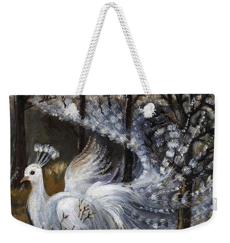 Peacock Weekender Tote Bag featuring the painting Here Comes The Mist by Ang El