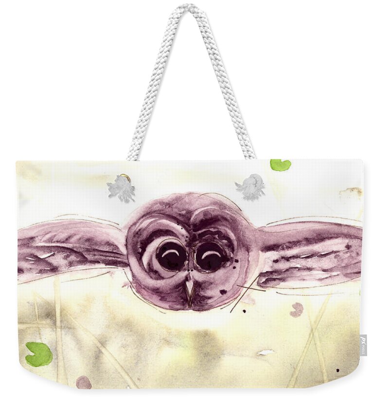 Owl Weekender Tote Bag featuring the painting Here I Come by Dawn Derman