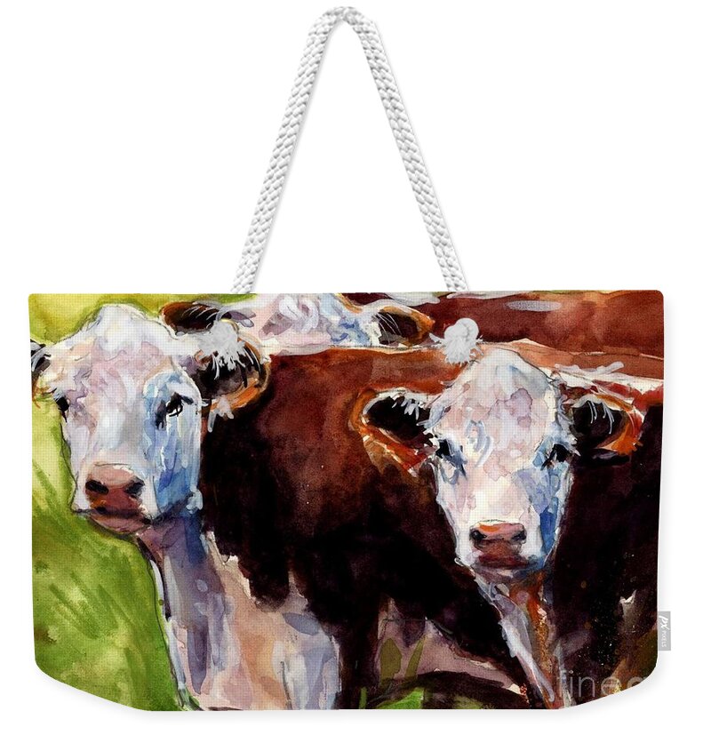Hereford Cows Weekender Tote Bag featuring the painting Hereford Ears by Molly Poole