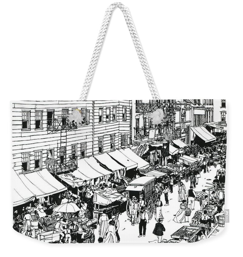 New York City Weekender Tote Bag featuring the drawing Hester Street by Ira Shander
