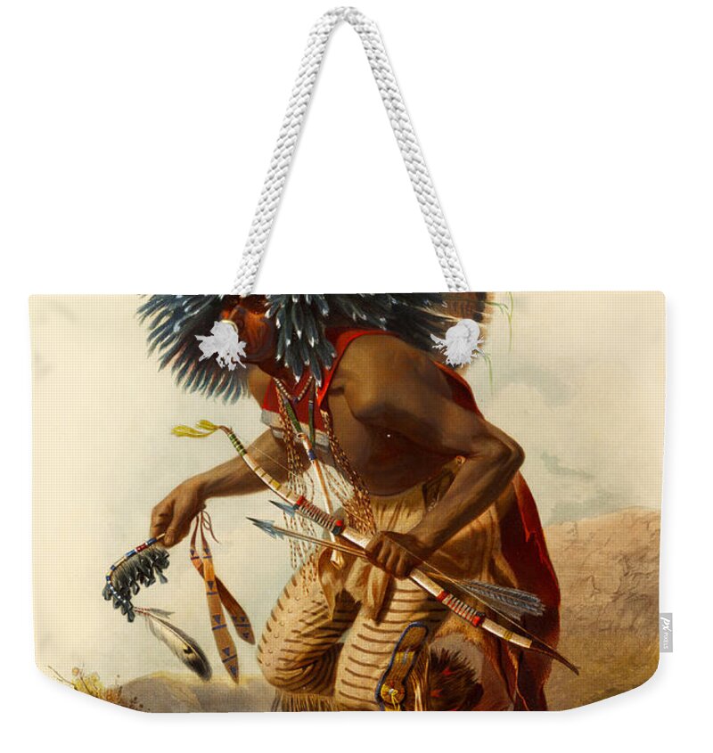 Native American Poster Weekender Tote Bag featuring the digital art Hidatsa Warrior by Karl Bodmer