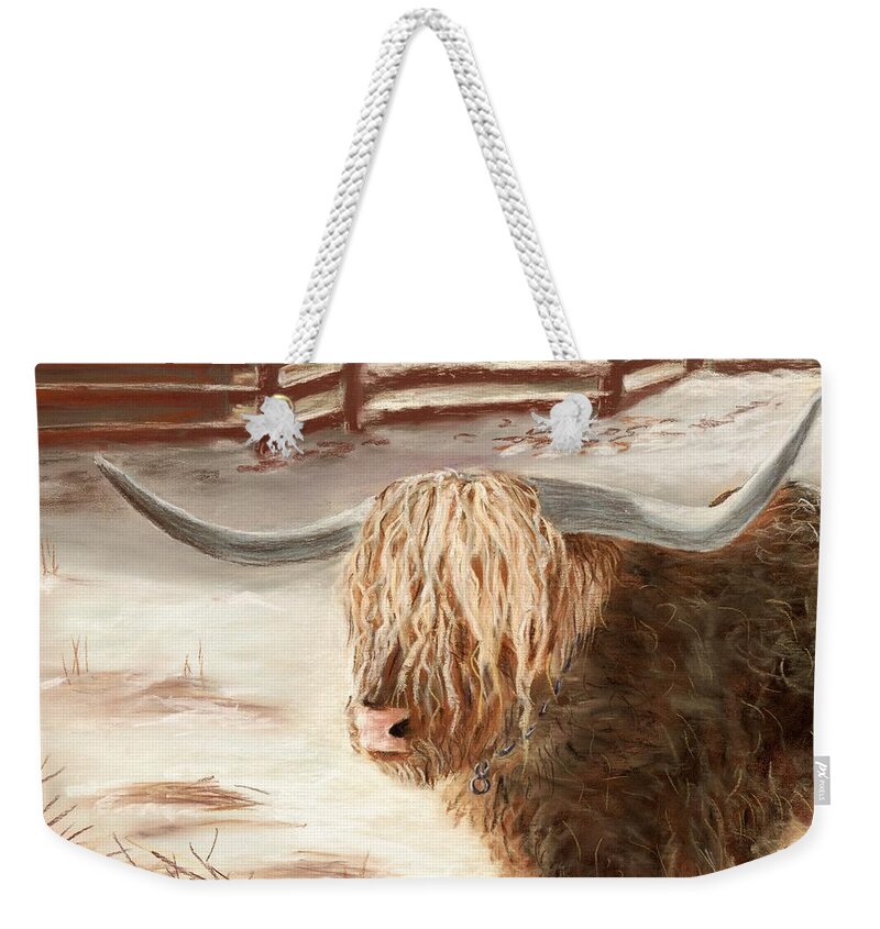 Countryside Weekender Tote Bag featuring the painting Highland Bull by Anastasiya Malakhova