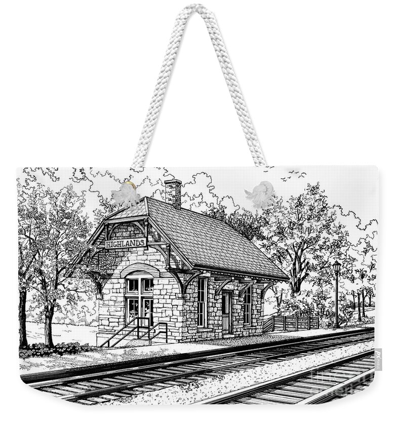Train Weekender Tote Bag featuring the drawing Highlands Train Station by Mary Palmer